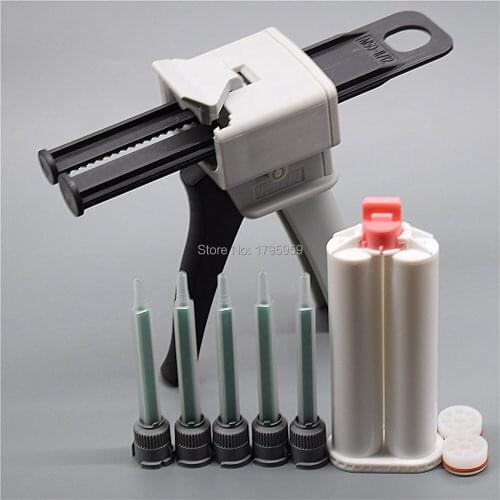 Adhensive Gun Universal 50ml 1:1 1:2 AB Glue Dispenser Caulking Gun 5pc 1:1 Mixing Nozzles Tube and 50ml 1:1 Empty Cartridge