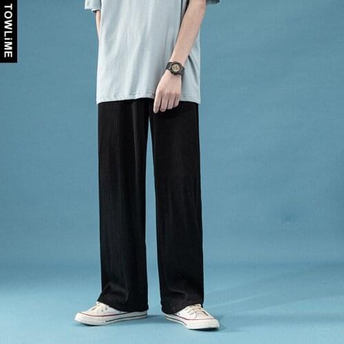 Summer 2021 Mens Wide Leg Ice Silk Breezy Pleated Pants Korean Streetwear Women High Waist Solid Color Loose Trousers Male Longs