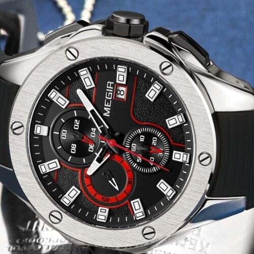 MEGIR Mens Sports Chronograph Quartz Watches Silicone Strap Luminous Waterproof Army Military Wristwatch Man Relogios 2053 red