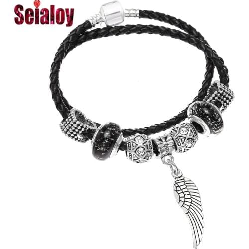 SEIALOY Black Woven Leather Single Wing Charms Bracelets For Women Men Openwork Hearts Brands Bracelet Bangle Jewelry Gift
