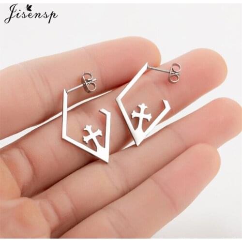 Jisensp Punk Design Big Square Stud Earrings Stainless Steel Geometric Cross Earrings for Women Party Jewelry Gift Bijoux Femme