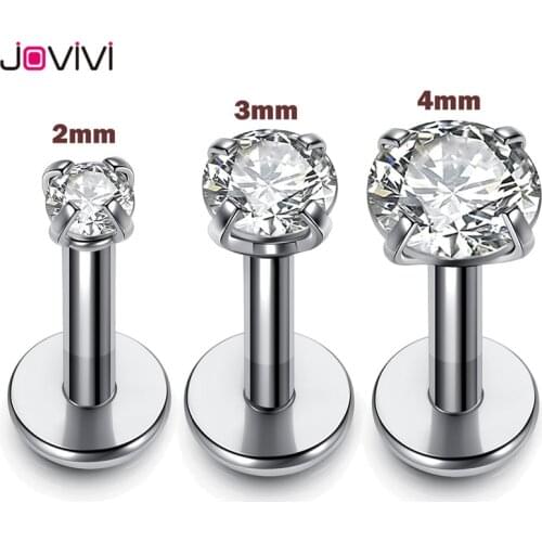 Jovivi 16Ga 316L Stainless Steel Cubic Zirconia Lip Ring Internally Threaded Ear Stud Earrings Body Piercing Jewelry 2mm 3mm 4mm