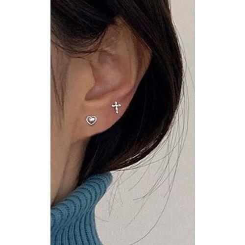 KISSLOVE Small Cute Heart Cross Asymmetric Stud Earrings for Women Daily Jewelry 2021 New Girl Gift