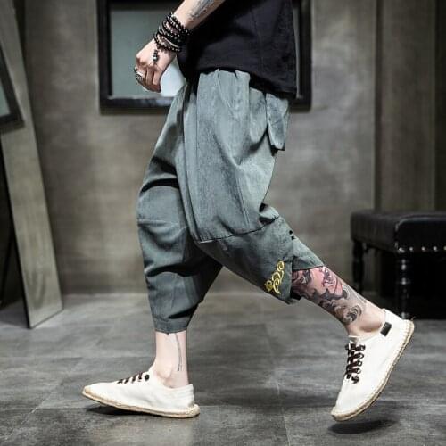 Summer Harajuku Harem Pants Men Calf-length Wide Leg Trousers Streetwear Casual Sweatpants Vintage Cotton Mens Pants