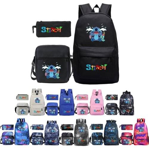 2021 New Stitch Angry Cartoon Print Elementary School Backpack Set Student Schoolbag+Shoulder Bag+Pencil Case Three-Piece Set