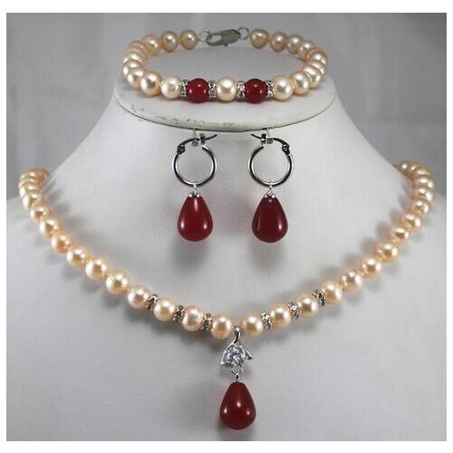 NEW free shipping wholesale Womens 7-8mm pearl mixed red/green jade pendant Necklace bracelet jewelry set jewelry