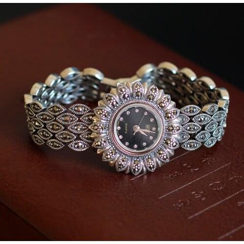 Wholesale S925 pure silver ornaments Thai classical woman sunflower bracelet watches
