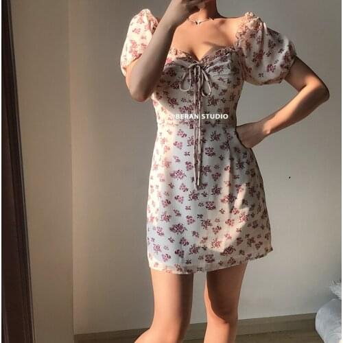 Retro French Square Neck Garden Floral Dress with Drawstring and Lace Up at Chest