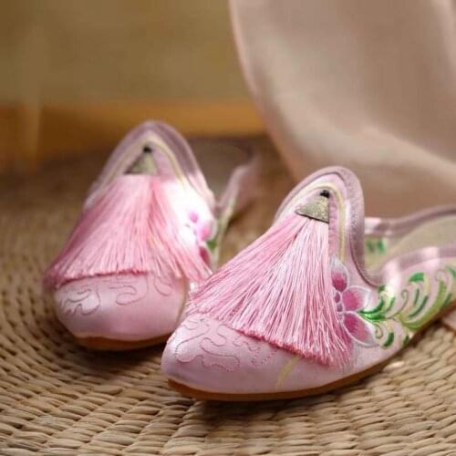 Tassel Ladies Slippers Chinese Tradition Style Slides Summer Flower Beijing Opera Cotton Ethnic Rubber Outside Lady Embroider