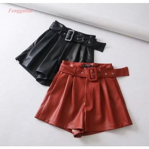 Women Black Orange Color PU Leather High Waist with Belt Wide Leg Faux Leather Shorts Winter Loose PU Shorts2020