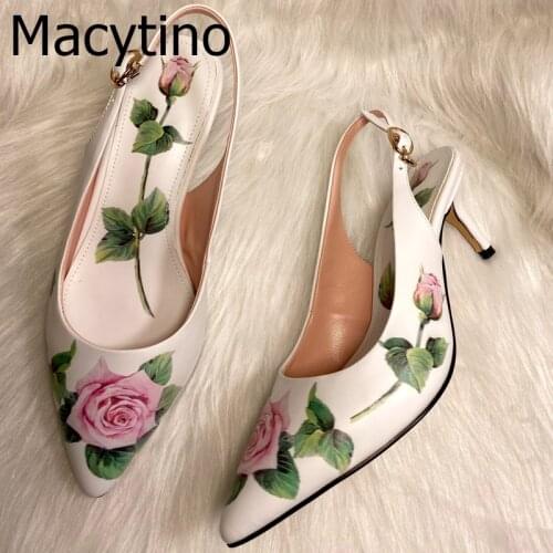 2020 rose flower print high heel shoes 6cm 8cm 10cm thin heel pointed toe wedding shoe slingback stilettos