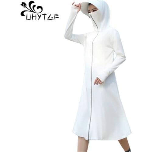 UHYTGF fashion outdoor thin sun protection clothing womens Anti-UV Breathable summer jacket hooded ice silk beach long coats 863