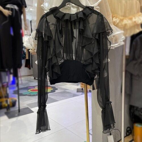 2021 Spring and Summer New Temperament Perspective Artificial Silk Ruffled Shirt Womens Black Top Long Flare Sleeve Thin Blouse