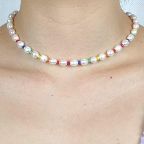 Bohemian Beach Style Natural Freshwater Pearl Rainbow Rice Bead Necklace Gifts Women Wholesale Jewelry Womens Neck Chain