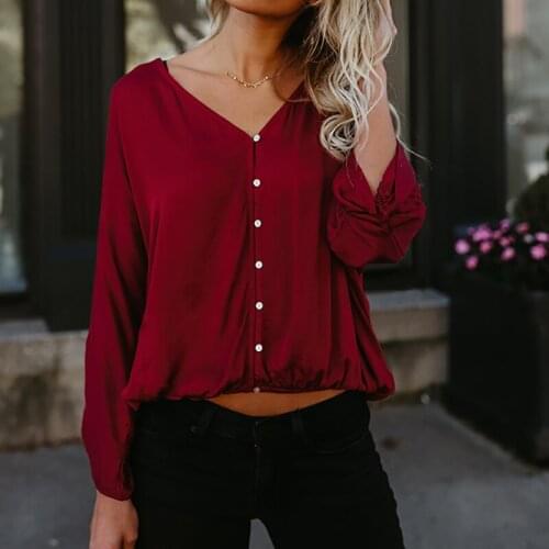 Long Batwing Sleeve T Shirt Woman 2020 Autumn Buttons Solid Shirts Female Loose Cotton V Neck Top Tees Clothes Dropshipping