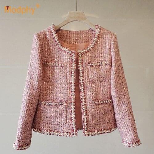 High-Quality Temperament Ladies Tweed Women Short Jacket Fashion Beaded Sequin Jacket 2021 Autumn Elegant Female Jacket Top