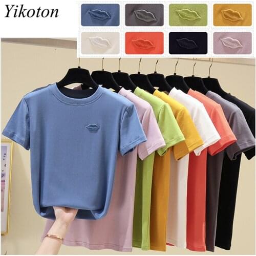 T-Shirts Women Tops Summer Clothes O-Neck Short Sleeve Letter Flowers Lips Embroidery T-Shirt Female 2021 Tee Basic Shirt Cotton