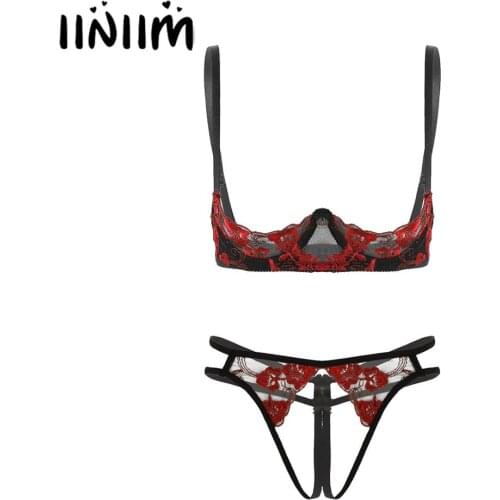 Womens Femme Erotic Embroidery Lace Lingerie Set Babydolls Sissy Bare Exposed Breasts Underwire Bra Top with Crotchless Briefs