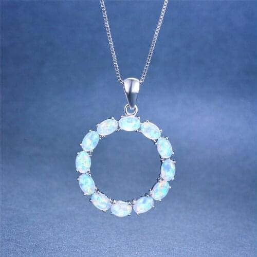 Luxury Female Big Oval Pendants Necklaces Fashion silver color Purple Necklace Blue White Fire Opal Necklaces For Women