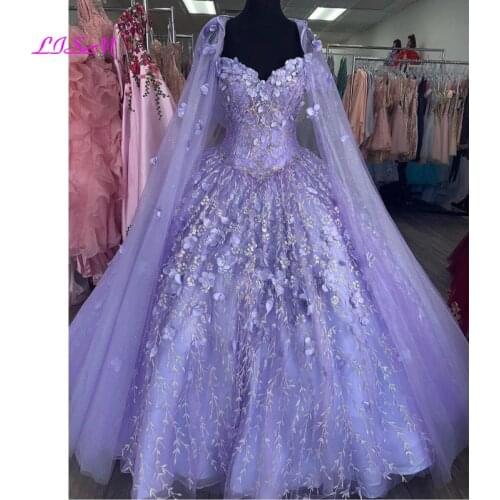 Vestido De 15 Anos Lilac Quinceanera Dresses with Cloak Lace Applqiued Corset Sweet 16 Dress Luxury 3D Flowers Prom Dress