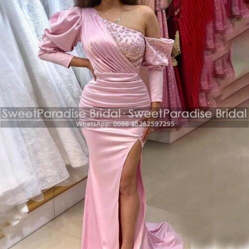 Luxury Beads Mermaid Prom Dresses With Long Sleeves Light Pink Satin High Slit One Shoulder Women Red Carpet Dress Celebrity
