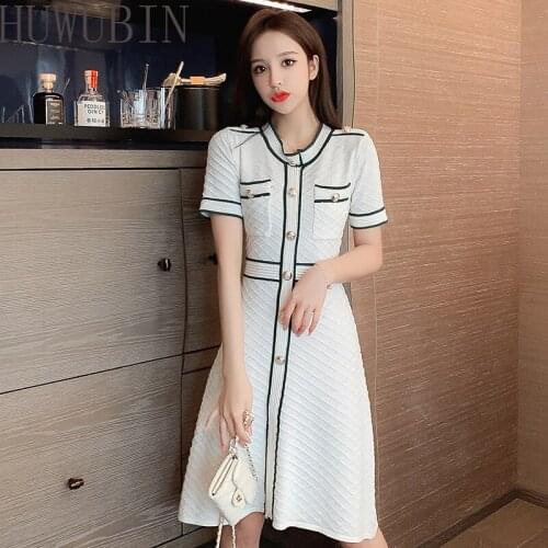 2021Summer Korean New Womens Round Collar Knitted Short Sleeve High Waist Plaid Button Button up Waist Show thin A-shaped Dress