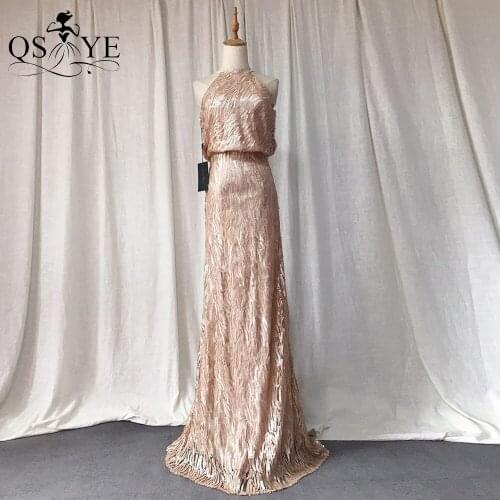 Sequin Gold Prom Dress Mermaid Halter Neck Evening Gown Sleeveless Straight Formal Gown Dropping Waist Women Sequin Party Dress