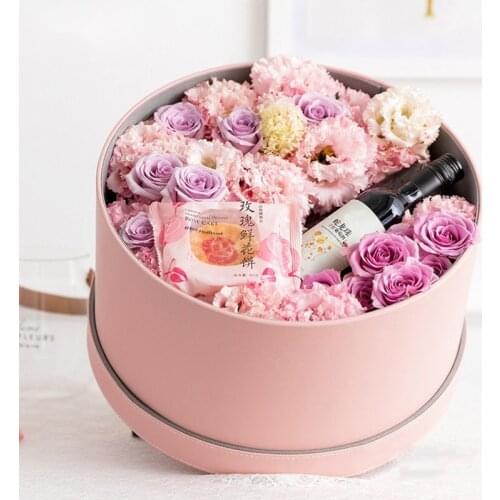 1PC Round Leather Flowers Box Florist Bouquet Rose Flower Packaging Box Gift Storage Holder With Lid Wedding Party Favors