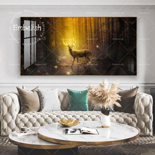 1 Pieces Golden Deer In Forest Animal Landscape Wall Art Pictures Modern Home Decor HD Canvas Painting For Living Room Artworks