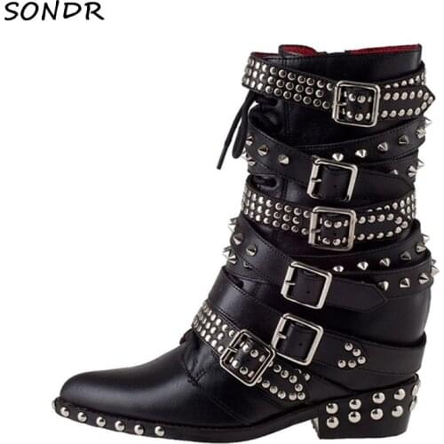 Punk Rivet Studded Gothic Boots Fashion Design Buckle Belted Chunky Heels Ankle Boots Black Height Increasing Motorcycle Boots