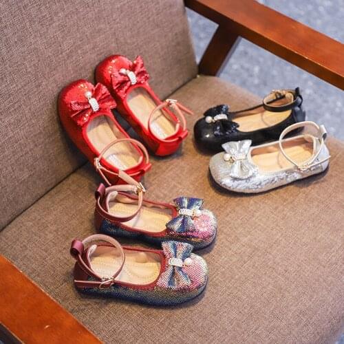 2020 Spring New Model Childrens Shoes Girls Pearl Bow Princess Shoes Sequins Gradient Performance Shoes