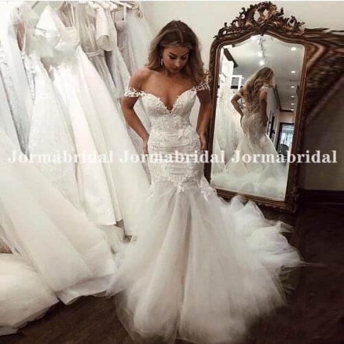 Glamorous Lace Appliques Wedding Dresses Off Shoulder V-neck Sexy Mermaid Transparent Back Bridal Gown Customize Wedding Dresses
