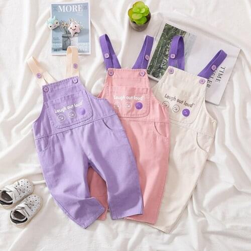 1 2 3 4 Y Toddler Girls Overalls 2021 Spring New Baby Cute Smiley Print Jumpsuits Lovely Color Matching Bodysuits for Girl Pants