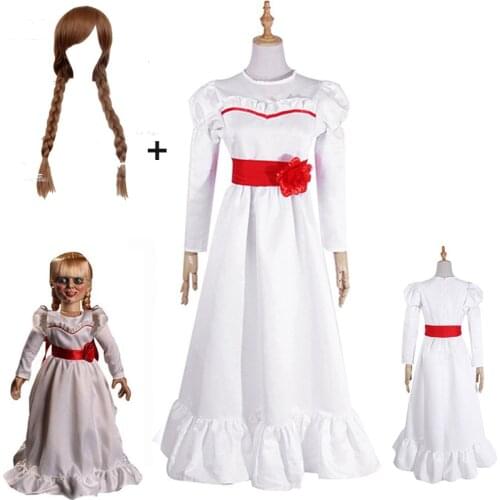 2020 Movie Annabel Cosplay Costume Halloween White Dress for Women Kids Adult Halloween Costume and Wig Horror Conjurining
