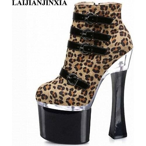 LAIJIANJINXIA Leopard Grain Women Pole Dance Shoes Sexy Night Club Party Dancing Shoes Platform 18cm High Heels Ankle Boots