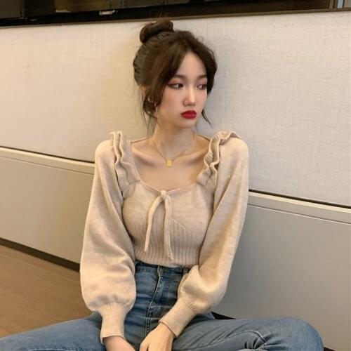 Sweet Cutet Ruffles Patchwork Knit Pullovers 2021 New Chic Square Collar Sexy Lace Up Sweater Women Elegant All-match Female Top