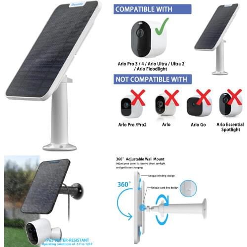New 4W Solar Panel Charging for Arlo Pro 3/Pro 4/Ultra/Ultra 2/Floodlight Cable Mount (White