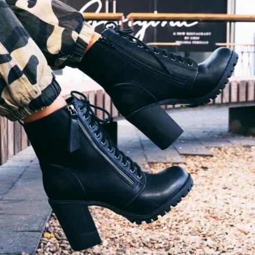 New Winter Womens High Heel Boots Round Toe Square Heel Lace Up Zipper Ankle Boots Women Boots Outdoor Casual Boots