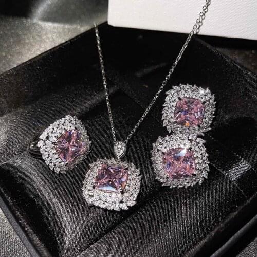 Luxury Square Jewelry Set Eternity Wedding Ring For Women Piercing Earrings Inlay Shiny Crystal Zircon Necklace Anniversary Gift
