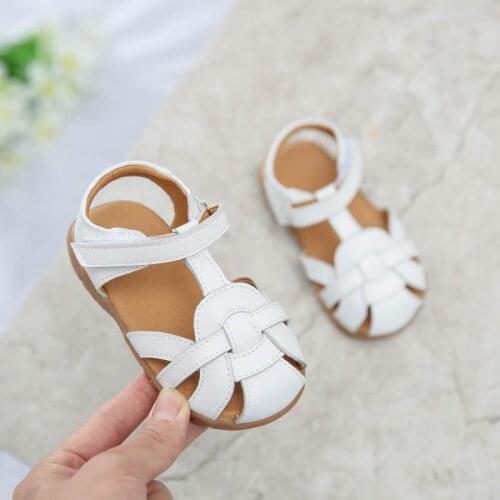 Girls sandals PU closed toe T-strap white pink 2020 new kids shoes toddler summer footwear infant shoes SandQ little kids strips