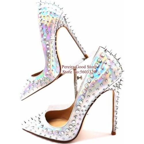 Stylish Iridescent Silver Leather High Heel Pumps Full Spikes Studded Hologram Shallow Pumps Stiletto Heels 12CM 10CM 8CM Shoes
