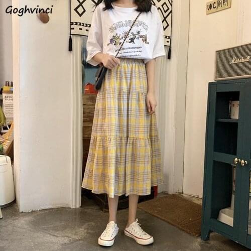 Skirts Women Mid-calf Plaid A-line All-match High Waist Yellow Streetwear Elegant Female BF Casual Daily Spring Ulzzang Chic
