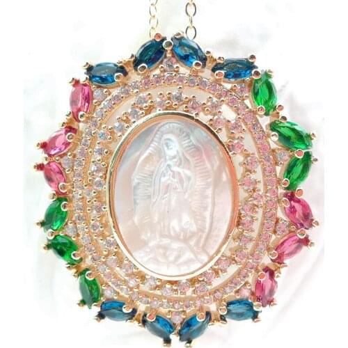 YYGEM 18'' Rainbow Cubic Zirconia Micro Pave White Shell Virgin Mary Oval Pendant Necklace gold color chain religious for women