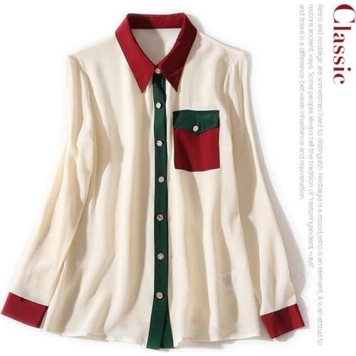 19 autumn new lapel bump color stitching coat pocket long-sleeved single-breasted silk shirt joker woman shirts