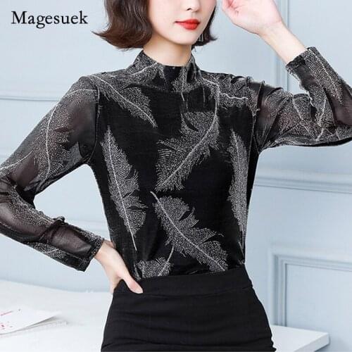 Mesh Vintage Autumn 2021 Long Sleeve T-shirt Bright Silk Half High Collar Blouse Women Elegant Sexy Splicing Tops Blusa 16728