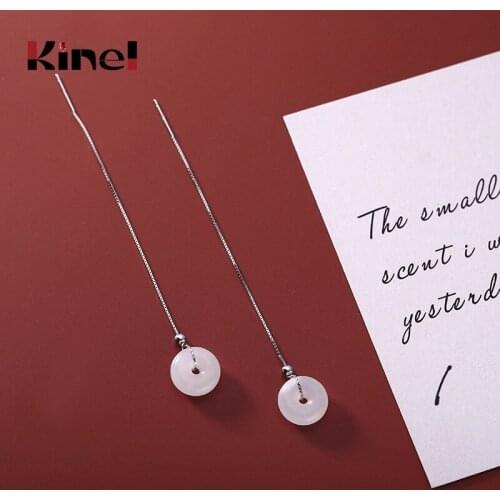 Kinel 925 Sterling Silver Natural Wada Jade Long Tassel Earrings for Women Safety Button Silver Earring Ear Line Ethnic Jewelry