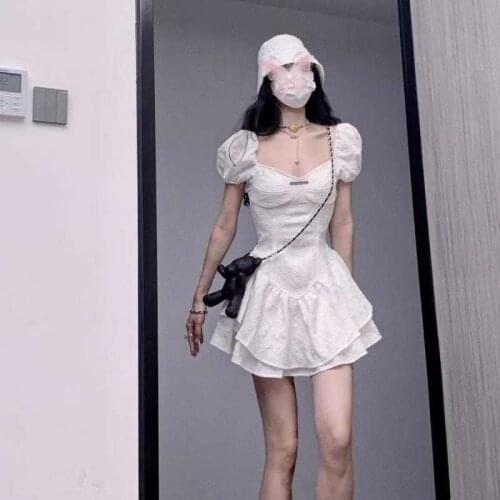 2021 Student Ins Chic Summer New Korean Kawaii Girl Spice Square Neck Bubble Sleeve Waist Short Puffy Dress Fairy