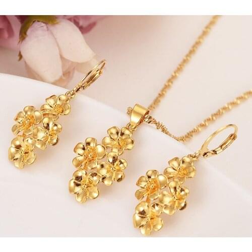 4 golden flowers assembled beautiful Fine Gold G/F Flower set Jewelry Pendant Chain Earrings Bride Wedding Bijoux giftd