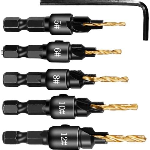 5pcs Countersink Drill Woodworking Drill Bit Set Drilling Pilot Holes For Screw Sizes #5 #6 #8 #10 #12