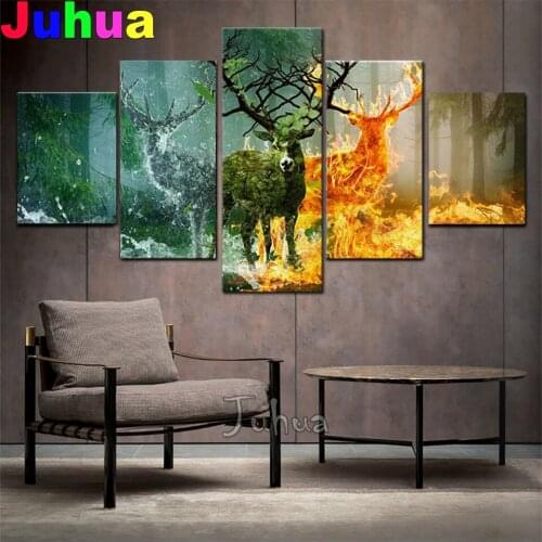 Deer Elk Ice,Fire,Animals Pattern,Diamond painting Multi Panel,diamond embroidery,square,round,crafts,diy,5d,diamond mosaic
